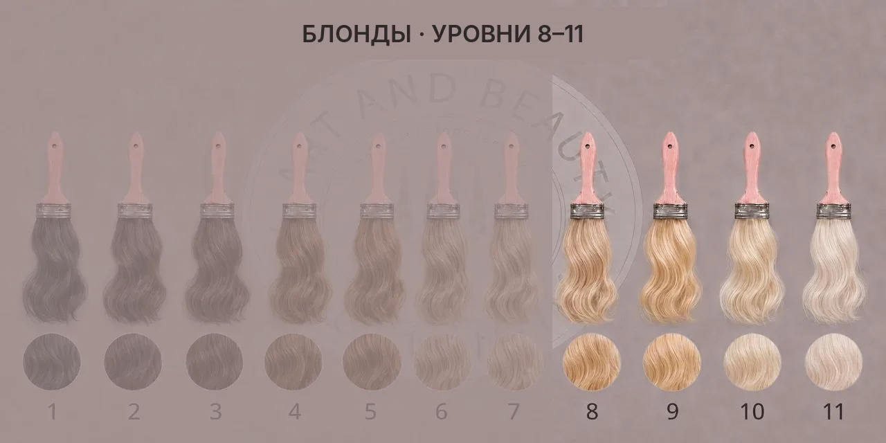 Палитра славянских волос — тёмные оттенки, уровни тона 8-11